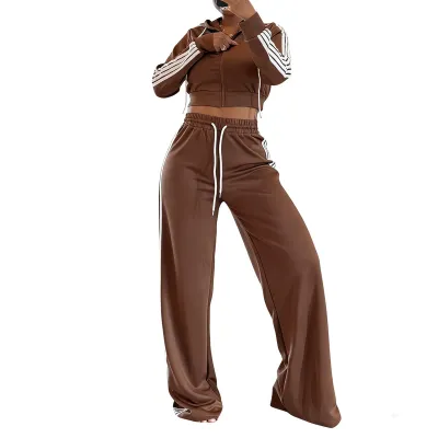 Women Casual Stripe Slim-Fit Long-Sleeve Hoodie Wide Leg Pants Two-Piece Set