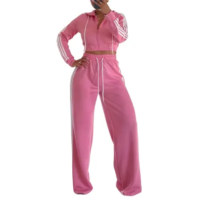 Women Casual Stripe Slim-Fit Long-Sleeve Hoodie Wide Leg Pants Two-Piece Set