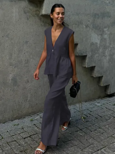 Women Elegant Solid Color Cotton V-Neck Sleeveless Top Loose Pants Two-Piece Set