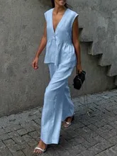 Women Elegant Solid Color Cotton V-Neck Sleeveless Top Loose Pants Two-Piece Set