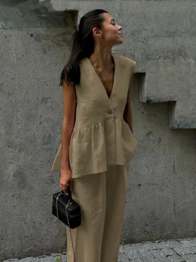Women Elegant Solid Color Cotton V-Neck Sleeveless Top Loose Pants Two-Piece Set