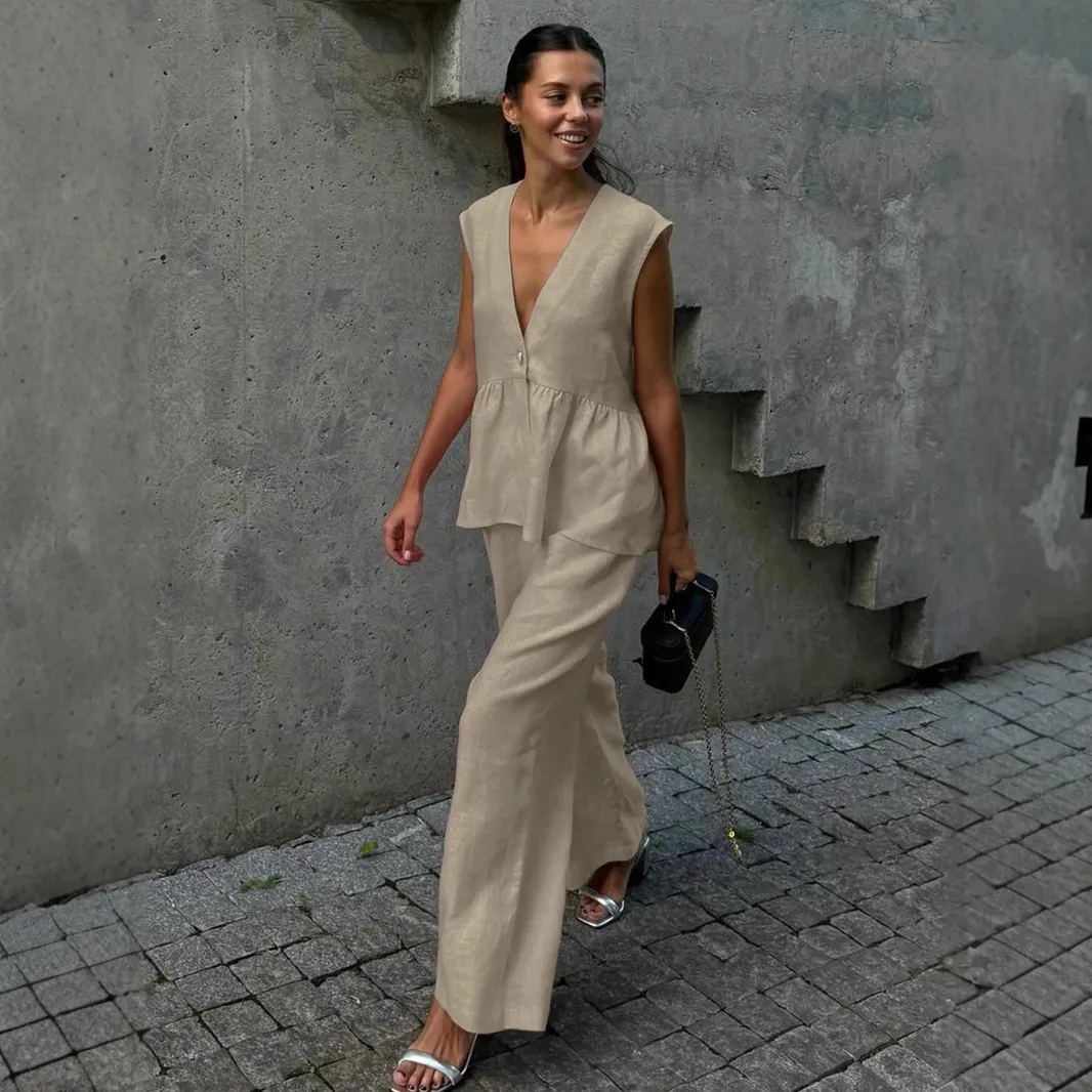 Women Elegant Solid Color Cotton V-Neck Sleeveless Top Loose Pants Two-Piece Set