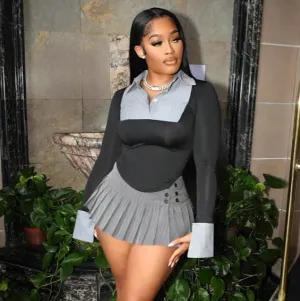 Women Fashion Casual Stitching Stripe Contrast Lapel Long Sleeve Top Pleated Skirt Two-Piece Set
