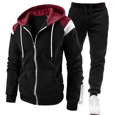 Men's Fashion Casual Spring Autumn Stitching Zipper Hoodie Slim-Fit Pants Two-Piece Set