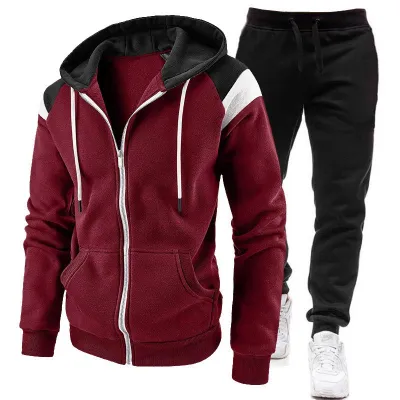 Men's Fashion Casual Spring Autumn Stitching Zipper Hoodie Slim-Fit Pants Two-Piece Set