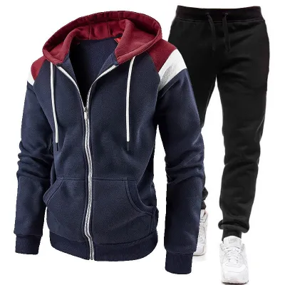 Men's Fashion Casual Spring Autumn Stitching Zipper Hoodie Slim-Fit Pants Two-Piece Set