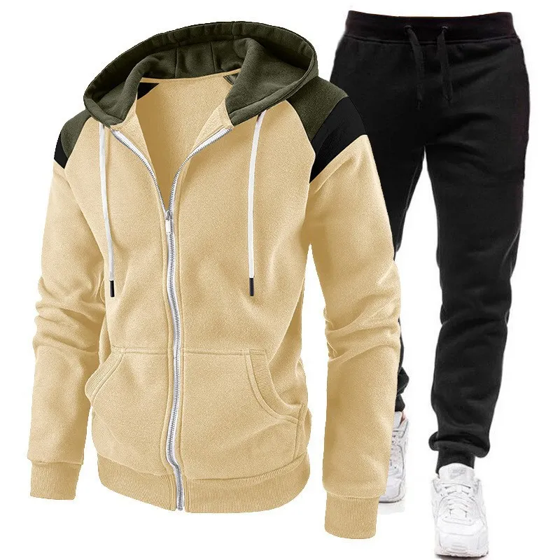 Men's Fashion Casual Spring Autumn Stitching Zipper Hoodie Slim-Fit Pants Two-Piece Set
