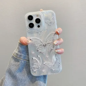 Women Fashion Feather Yarn Butterfly Printed Laser Shell Pattern Hard Shell PC Iphone Case
