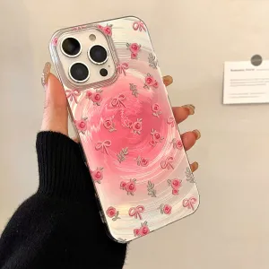 Women Fashion Shiny Silver Bottom Pink Bowknot Swirl Printed TPU iPhone Case