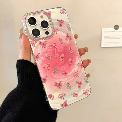 Women Fashion Shiny Silver Bottom Pink Bowknot Swirl Printed TPU iPhone Case