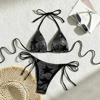 Women Sexy Star Sequins Halter-Neck Lace-Up Bikini Swimsuit