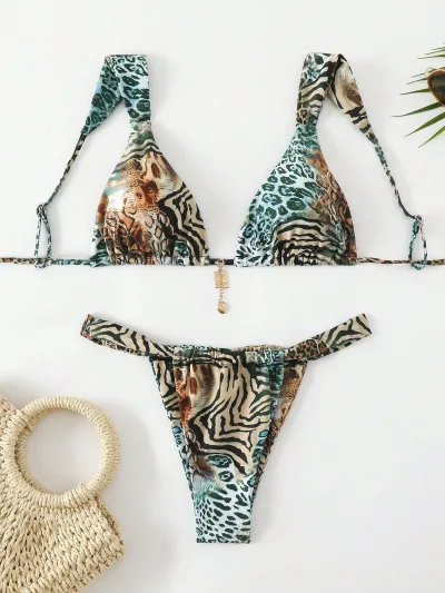 Women Fashion Sexy Print Lace-Up Bikini Swimsuit