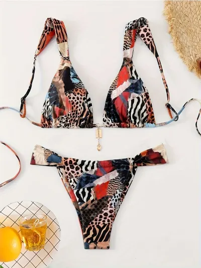 Women Fashion Sexy Print Lace-Up Bikini Swimsuit
