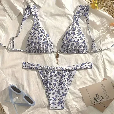 Women Fashion Sexy Print Lace-Up Bikini Swimsuit