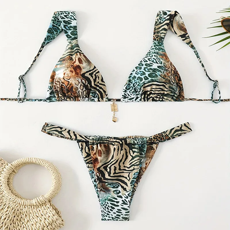 Women Fashion Sexy Print Lace-Up Bikini Swimsuit