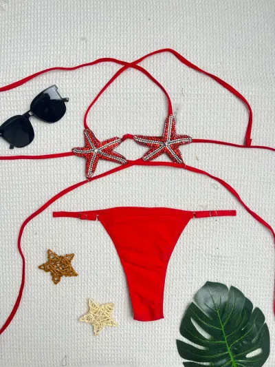 Women Sexy Rhinestone Starfish Lace-Up Bikini Swimsuit