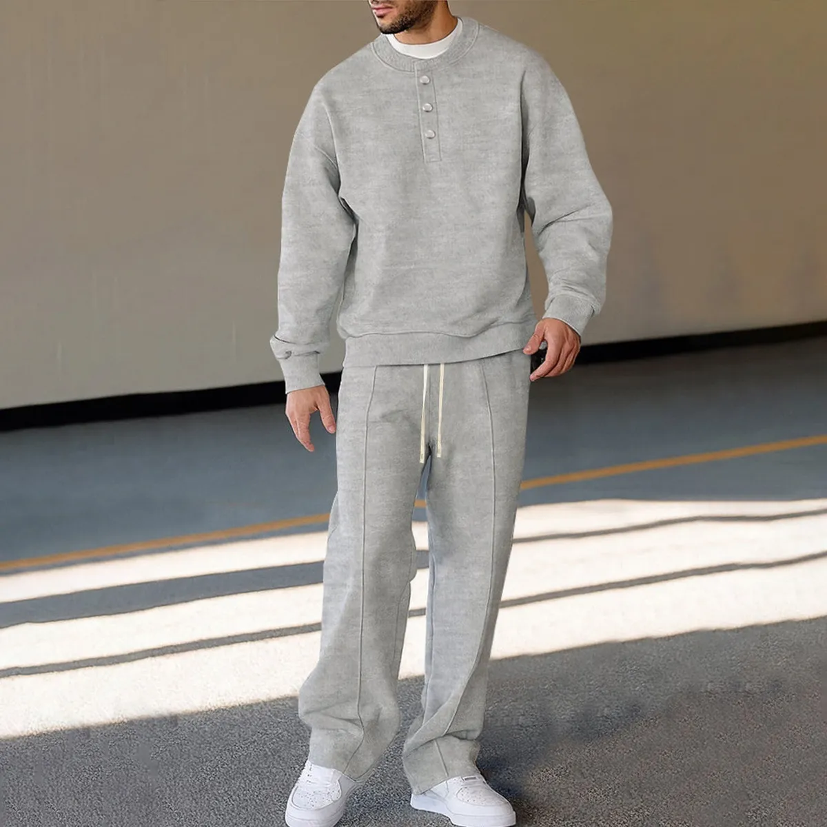 Men Fashion Casual Autumn Winter Cotton Long Sleeve Sweatshirt Loose Pants Two-Piece Set