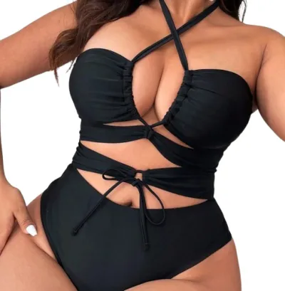 Women Fashion Sexy Plus Size Solid Color Hollow Lace-Up One-Piece Swimsuit