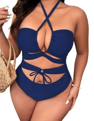 Women Fashion Sexy Plus Size Solid Color Hollow Lace-Up One-Piece Swimsuit