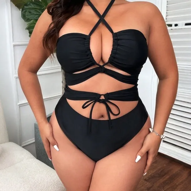 Women Fashion Sexy Plus Size Solid Color Hollow Lace-Up One-Piece Swimsuit