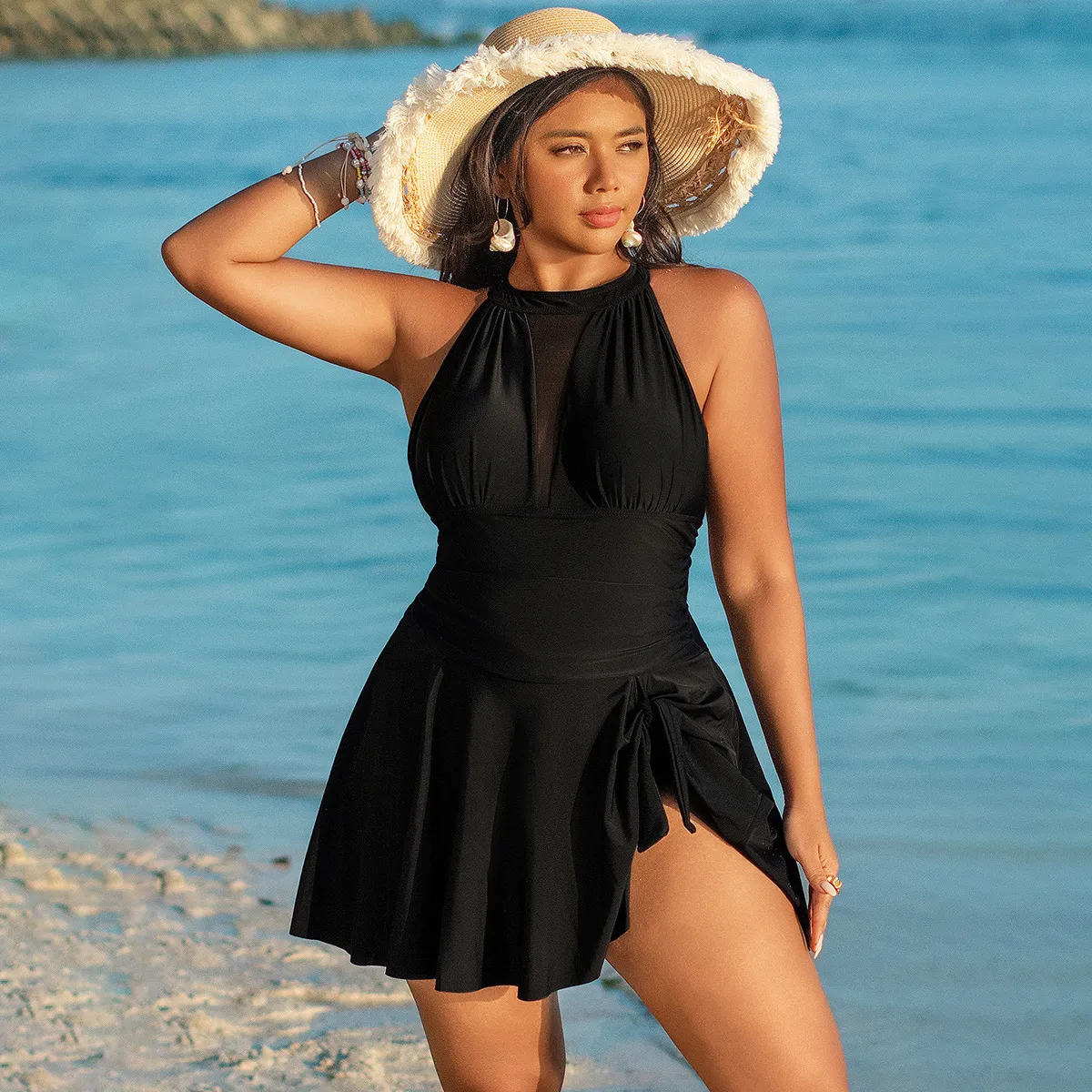 Women Fashion Sexy Plus Size Solid Color Backless One Piece Swimsuit