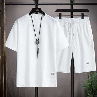 Men Fashion Casual Waffles Short-Sleeve T-Shirt Loose Shorts Two-Piece Set
