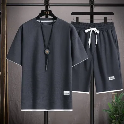 Men Fashion Casual Waffles Short-Sleeve T-Shirt Loose Shorts Two-Piece Set