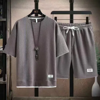 Men Fashion Casual Waffles Short-Sleeve T-Shirt Loose Shorts Two-Piece Set