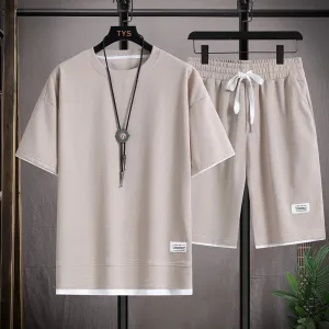 Men Fashion Casual Waffles Short-Sleeve T-Shirt Loose Shorts Two-Piece Set