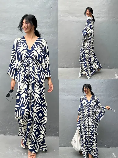Women Casual Printed Drawstring V-Neck Long-Sleeve Loose Beach Cover-Up