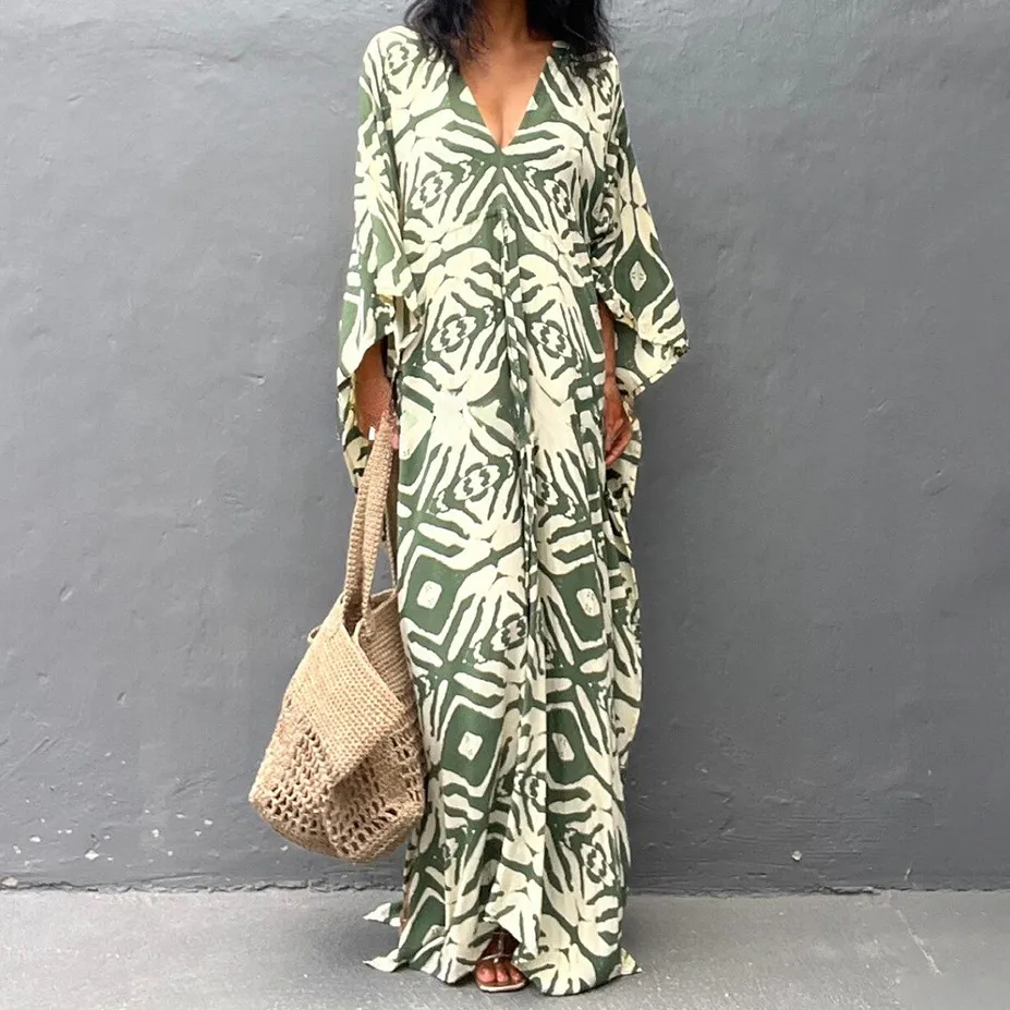 Women Casual Printed Drawstring V-Neck Long-Sleeve Loose Beach Cover-Up