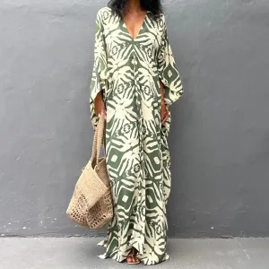 Women Casual Printed Drawstring V-Neck Long-Sleeve Loose Beach Cover-Up