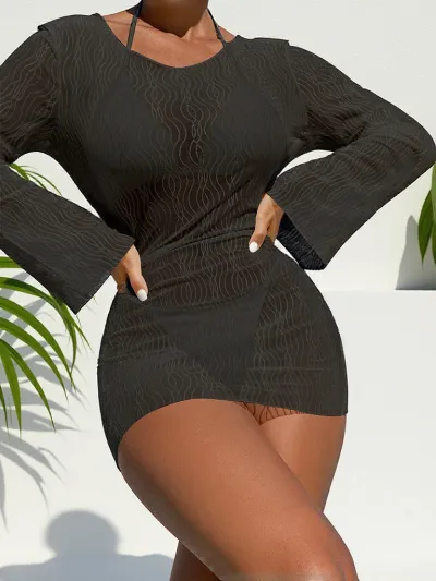 Women Fashion Sexy Solid Color Long-Sleeve Backless Quick-Drying Beach Cover-Up