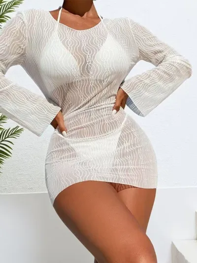 Women Fashion Sexy Solid Color Long-Sleeve Backless Quick-Drying Beach Cover-Up