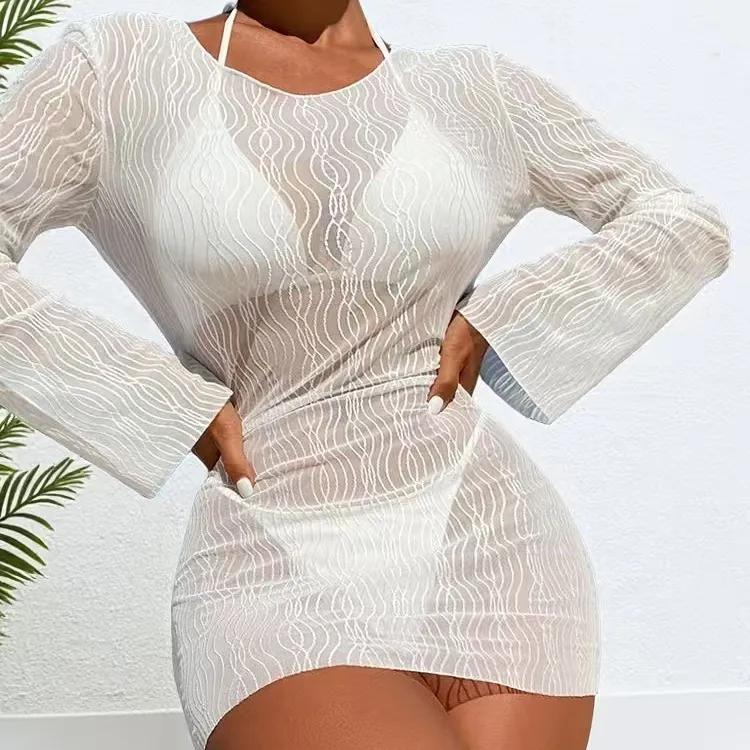 Women Fashion Sexy Solid Color Long-Sleeve Backless Quick-Drying Beach Cover-Up