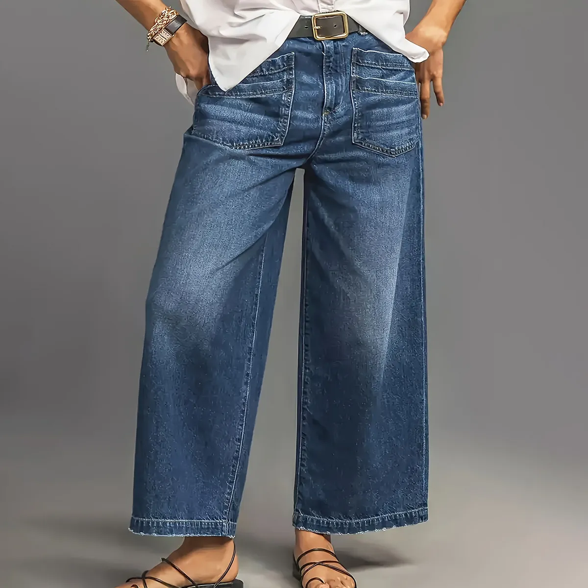 Women Casual Wide Leg Loose Jeans with Ultra-Low Waist