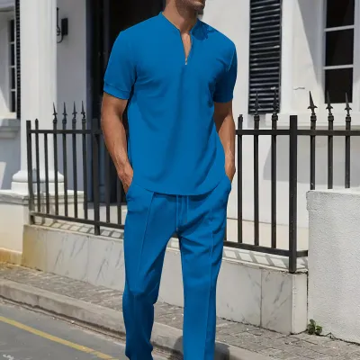 Men's Solid Color Casual Polo Short-Sleeve T-Shirt and Loose Pants Two-Piece Set