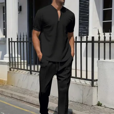 Men's Solid Color Casual Polo Short-Sleeve T-Shirt and Loose Pants Two-Piece Set