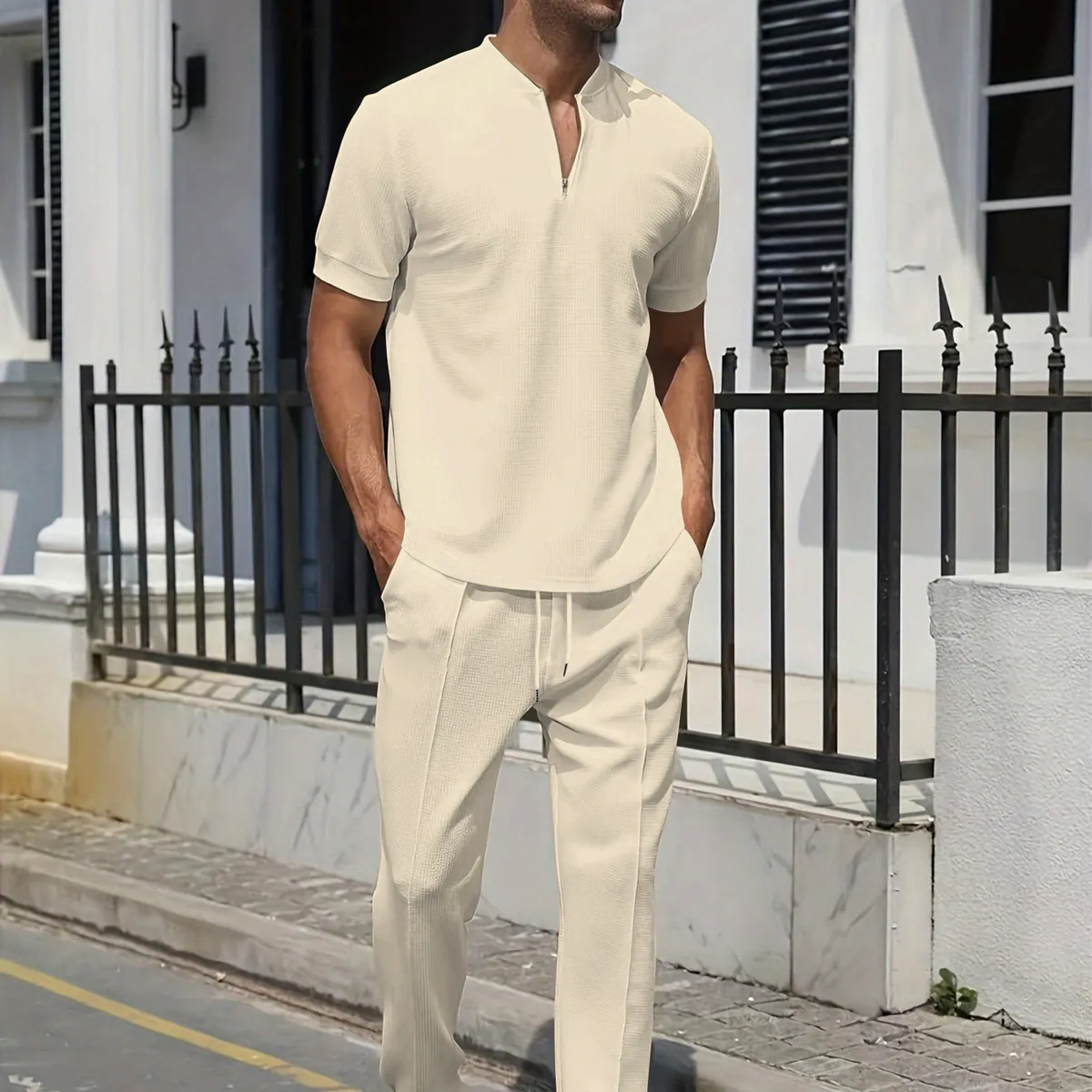 Men's Solid Color Casual Polo Short-Sleeve T-Shirt and Loose Pants Two-Piece Set