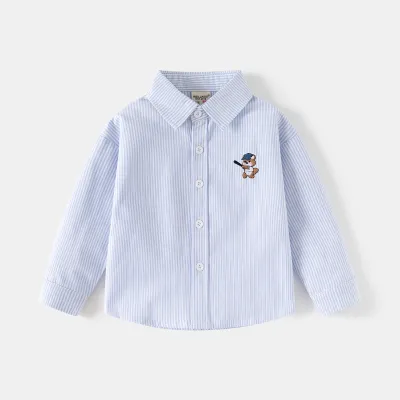 Kids Boys Casual Embroidered Lapel Long Sleeve Cotton Shirt