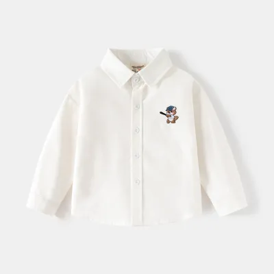 Kids Boys Casual Embroidered Lapel Long Sleeve Cotton Shirt