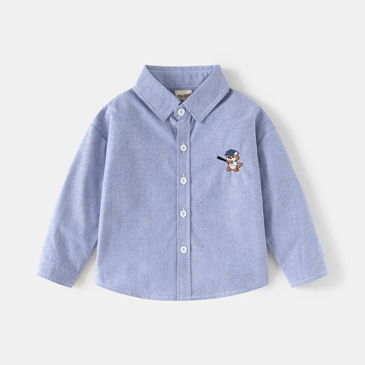 Kids Boys Casual Embroidered Lapel Long Sleeve Cotton Shirt