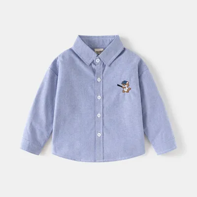 Kids Boys Casual Embroidered Lapel Long Sleeve Cotton Shirt