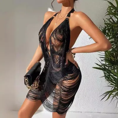 Women Fashion Sexy Solid Color Perspective Halter-Neck Deep V Backless Dress