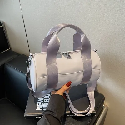 Women Fashion Simple Solid Nylon Cylindrical Shoulder Bag with Zipper Closure