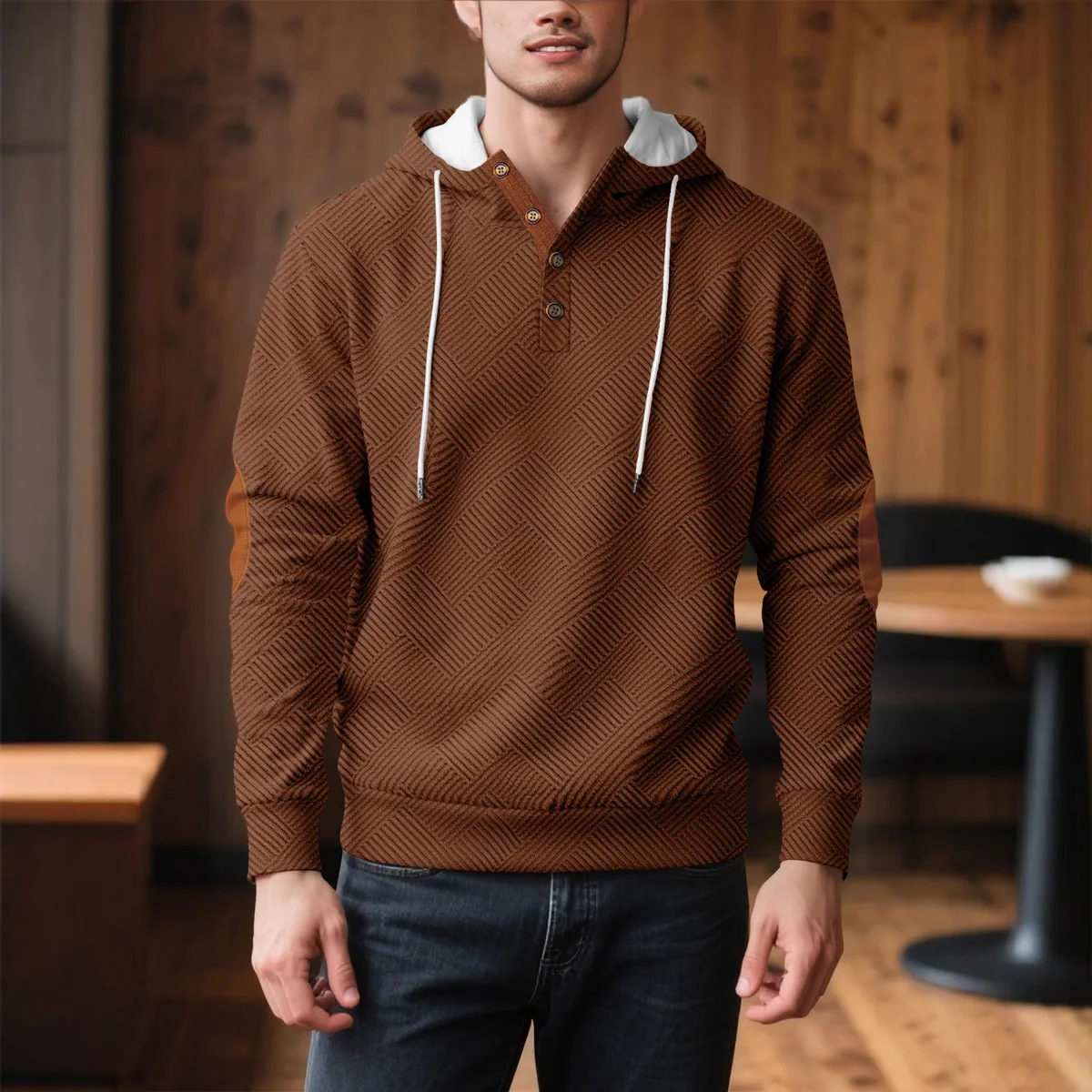 Men's Fashion Casual Autumn Winter Solid Color Jacquard Loose Hoodie