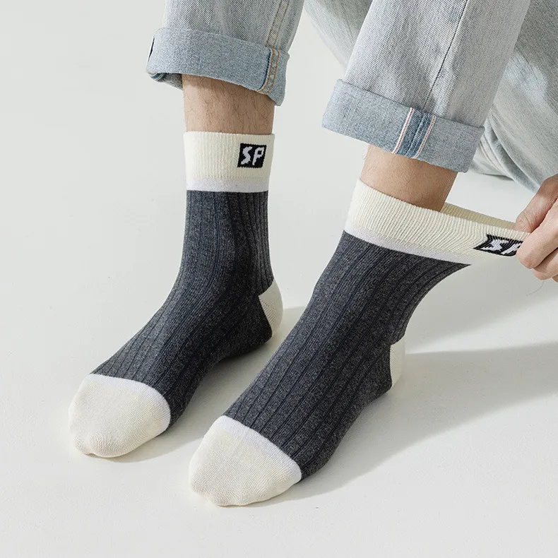 Men Fashion Casual Color Block Breathable Letter Sports Socks