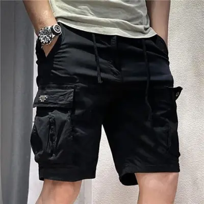 Men Casual Solid Multi-Pocket Drawstring Loose Fit Polyester Shorts