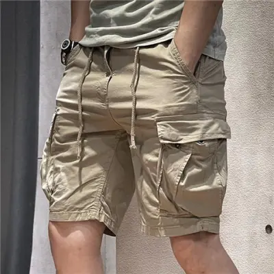 Men Casual Solid Multi-Pocket Drawstring Loose Fit Polyester Shorts