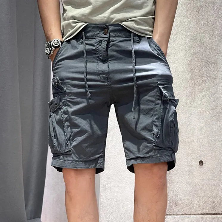 Men Casual Solid Multi-Pocket Drawstring Loose Fit Polyester Shorts